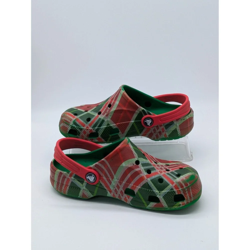 Crocs Classic Clogs Juniors J3 Red Green Plaid Christmas Holiday Shoes